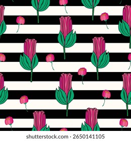 pétalas de rosa com grandes rosas fechadas em listras pretas padrão sem costura. Rosas fechadas com pequenos botões rosa padrão sem costura. É bom para decorações, tecido, têxteis, estampas e muito mais.