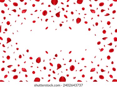 Cae el pétalo de rosa. Pétalos de confetti. Pétalos de rosa roja realista con antecedentes. Amor de San Valentín.