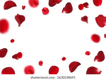 Rose petal flying petals, romantic background with realistic red flower petals flow or falling motion. Romantic background, love wedding banner copy space on white background