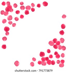 Rose petals border invitation card background vector illustration. Decorative pink blossom red rose flower petals isolated on white background. Flower elements vector border template.
