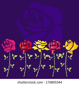 Rose petals and rose branches in character templates spring colors. 