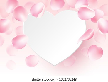 Rose petals falling with blank paper heart on pink background vector illustration