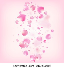 Rose Petals Flying Confetti. Female Rich VIP Pastel Texture. Windy Leaves Confetti Poster. Flying Japanese Rose Cherry Sakura Petals Design. Blooming Cosmetics Ad Beautiful Floral Background.