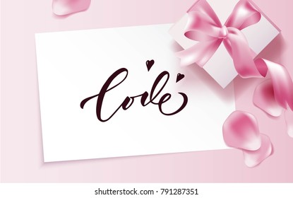 Rose petals and gift box on pink background. Beautiful romantic background with place for text. Vetor illustration