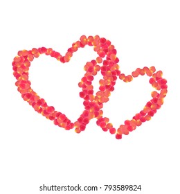 Rose petals heart vector illustration, love symbol. Decorative pink blossom red rose flower petals isolated on white background. Valentine day heart. Flower elements vector