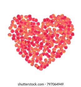 Rose petals heart vector illustration, love symbol. Decorative pink blossom red rose flower petals isolated on white background. Valentine day heart. Flower parts vector