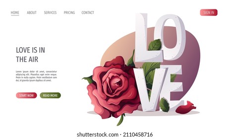 Rose, petals, love lettering. Happy Valentine's Day, Romance, Love concept. Vector illustration for poster, banner, website, advertising.