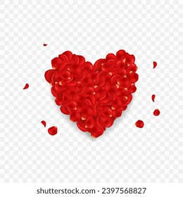 Rose petals. Red rose petals heart shape. Realistic valentines day background. Vector