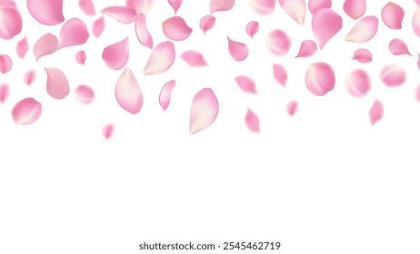Rose petals or sakura flying petals, romantic background with realistic pink cherry flower petals flow or falling motion. Love, romance, floral spring season,cherry blossom Seamless left and right 