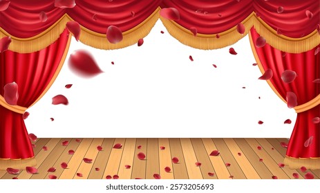 Rose petals or sakura flying petals, romantic background, rendering red theater stage curtain and Wooden theater stage