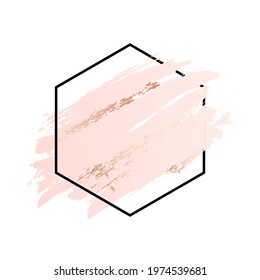 Rose and pink background stroke polygon frame. Vector gold pink brush makeup beauty abstract geometric logo
