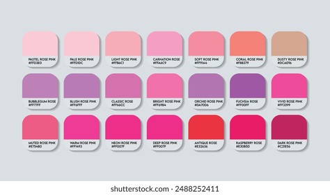 Rose pink Color Palette, Rose pink Color Guide Palette with Color Names. Catalog Samples of Pink with RGB HEX codes and Names. Rose Colors Palette Vector, Plastic Paint Rose Color Palette Vector tones