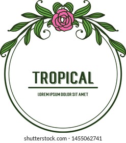 Rose pink flower frame and green leaves blooms, card shape tropical. Vector