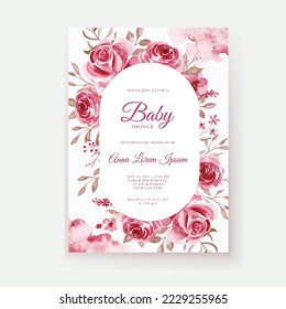 Rose pink flower watercolor baby shower invitation template