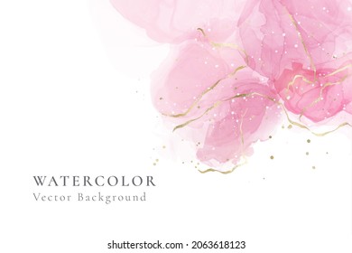 Rose pink liquid watercolor background with golden lines. Blush violet marble alcohol ink drawing effect. Vector illustration design template for wedding invitation, menu, rsvp.