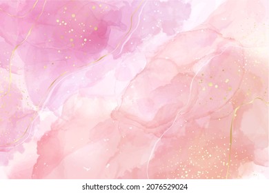 Rose pink liquid watercolor background with golden lines. Dusty blush marble alcohol ink drawing effect. Vector illustration design template for wedding invitation, menu, rsvp.