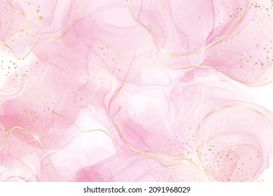 Rose pink liquid watercolor background with golden dots. Dusty blush marble alcohol ink drawing effect. Vector illustration design template for wedding invitation, menu, rsvp.