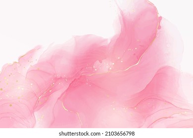 Rose pink liquid watercolor background with golden dots. Dusty blush marble alcohol ink drawing effect. Vector illustration design template for wedding invitation, menu, rsvp.