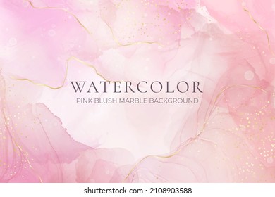 Rose pink liquid watercolor background with golden dots. Dusty blush marble alcohol ink drawing effect. Vector illustration design template for wedding invitation, menu, rsvp.