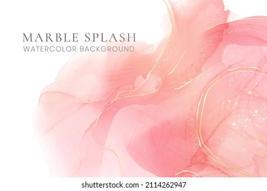 Rose pink liquid watercolor background with golden dots. Dusty blush marble alcohol ink drawing effect. Vector illustration design template for wedding invitation, menu, rsvp.