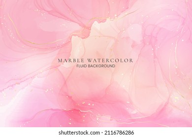 Rose pink liquid watercolor background with golden dots. Dusty blush marble alcohol ink drawing effect. Vector illustration design template for wedding invitation, menu, rsvp.