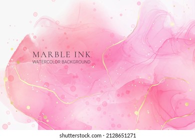 Rose pink liquid watercolor background with golden dots. Dusty blush marble alcohol ink drawing effect. Vector illustration design template for wedding invitation, menu, rsvp.