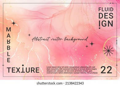 Rose pink liquid watercolor background with golden dots. Dusty blush marble alcohol ink drawing effect. Vector illustration design template for wedding invitation, menu, rsvp.