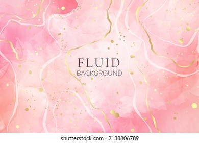 Rose pink liquid watercolor background with golden dots. Dusty blush marble alcohol ink drawing effect. Vector illustration design template for wedding invitation, menu, rsvp.