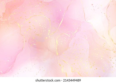 Rose pink liquid watercolor background with golden lines. Royal elegant blush marble alcohol ink drawing effect. Bridal vector illustration for wedding invitation, menu, rsvp design.