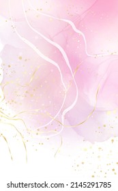 Rose pink liquid watercolor background with golden dots. Dusty blush marble alcohol ink drawing effect. Vector illustration design template for wedding invitation, menu, rsvp.