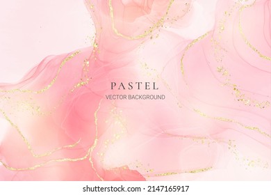 Rose pink liquid watercolor background with golden dots. Dusty blush marble alcohol ink drawing effect. Vector illustration design template for wedding invitation, menu, rsvp.