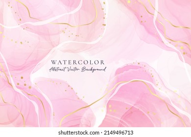 Rose pink liquid watercolor background with golden dots. Royal blush marble alcohol ink drawing effect. Vector illustration design template for wedding invitation, menu, rsvp.