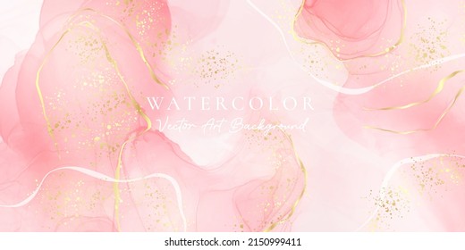 Rose pink liquid watercolor background with golden dots. Dusty blush marble alcohol ink drawing effect. Vector illustration design template for wedding invitation, menu, rsvp.