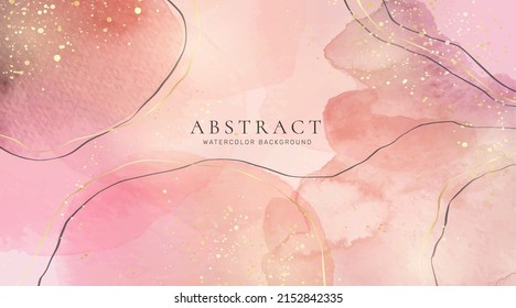 Rose pink liquid watercolor background with golden dots. Dusty crimson blush marble alcohol ink drawing effect. Vector illustration design template for wedding invitation, menu