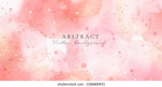 Rose pink liquid watercolor background with golden dots. Dusty blush marble alcohol ink drawing effect. Vector illustration design template for wedding invitation, menu, rsvp