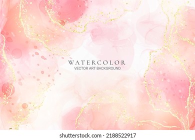 Rose pink liquid watercolor background with golden confetti. Dusty blush marble alcohol ink drawing effect. Vector illustration design template for wedding invitation, menu, rsvp