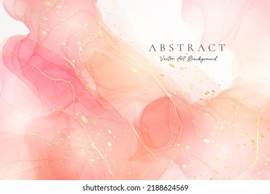 Fondo acuático líquido rosa rosa con puntos dorados. Efecto de la tintas de alcohol de mármol ruidoso y turbio. Plantilla de diseño de ilustración vectorial para invitación de boda, menú, rsvp