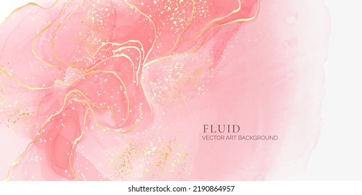 Rose pink liquid watercolor background with golden confetti. Dusty blush marble alcohol ink drawing effect. Vector illustration design template for wedding invitation, menu, rsvp