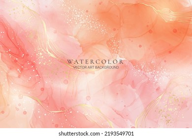 Rose pink liquid watercolor background with golden dots. Dusty blush marble alcohol ink drawing effect. Vector illustration design template for wedding invitation, menu, rsvp