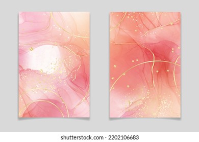 Rose pink liquid watercolor background with golden confetti. Crimson blush marble alcohol ink drawing effect. Vector illustration design template for wedding invitation, menu, rsvp