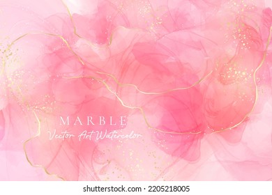 Rose pink liquid watercolor background with golden confetti. Dusty blush marble alcohol ink drawing effect. Vector illustration design template for wedding invitation, menu, rsvp