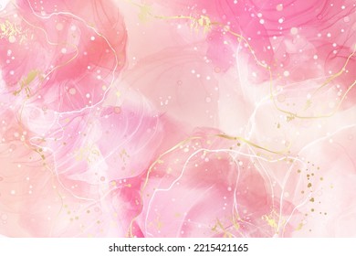 Fondo acuático líquido rosa rosa con fondo de confeti dorado. Efecto de la tintas de alcohol de mármol ruidoso y turbio. Plantilla de diseño de ilustración vectorial para invitación de boda, menú, rsvp