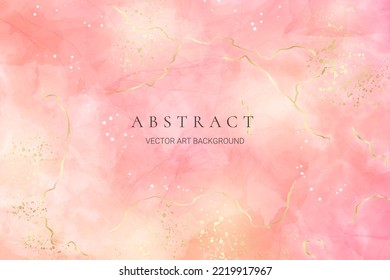 Rose pink liquid watercolor background with golden confetti. Dusty blush marble alcohol ink drawing effect. Vector illustration design template for wedding invitation, menu, rsvp