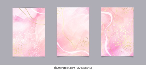 Rose pink liquid watercolor background with golden dots. Dusty blush marble alcohol ink drawing effect. Vector illustration design template for wedding invitation, menu, rsvp