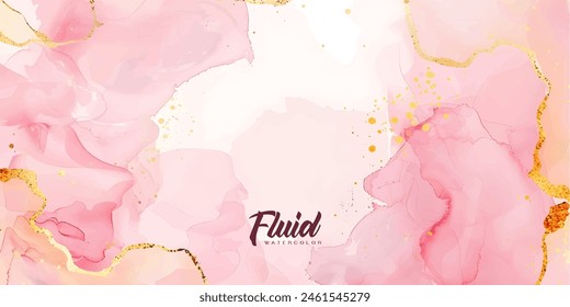 Rose pink liquid watercolor background with golden dots. Dusty blush marble alcohol ink drawing effect. Vector illustration design template for wedding