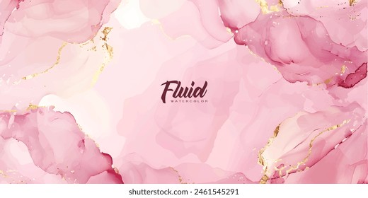 Rose pink liquid watercolor background with golden dots. Dusty blush marble alcohol ink drawing effect. Vector illustration design template for wedding