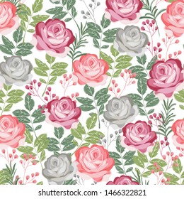 Rose pink peach bouquet green leaves repeat pattern