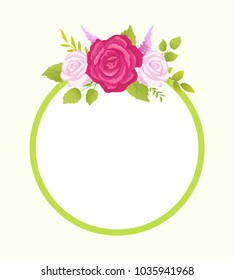 Rose pink and red, lavender flowers photo frame greeting card design, place for text, round border with blooming springtime flowers vector illustration