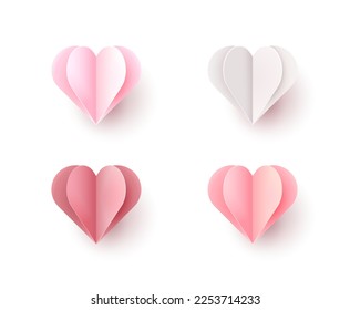 Rose pink, red and white gradient papercut hearts set isolated on white background. Vector illustration. Graphic paper origami elements. Valentine's day, mother's day, wedding and other concepts