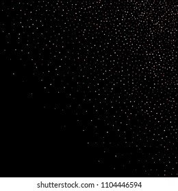 Rose, pink stars, sprocket, shiny confetti. Scattered little sparkling, silver, glitter balls, circles. Random stellar falling on black background. New Year Christmas background. Vector illustration.